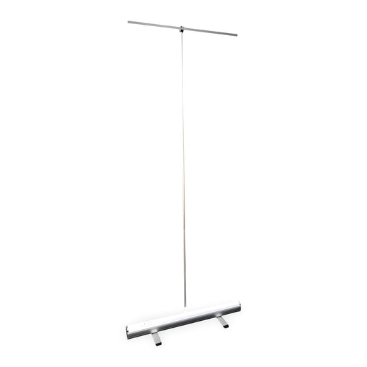Professional roller banner hardware without a graphic, showing stabilising feet, support pole and top rail