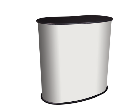 Curved promotional counter with blank white graphic panel