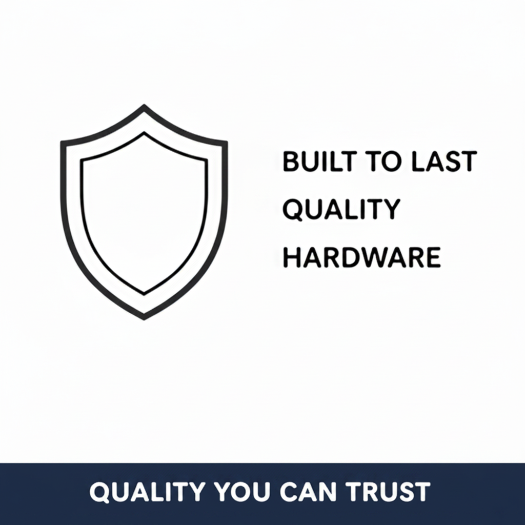 Shield icon with text 'Built to last quality hardware' on a white background