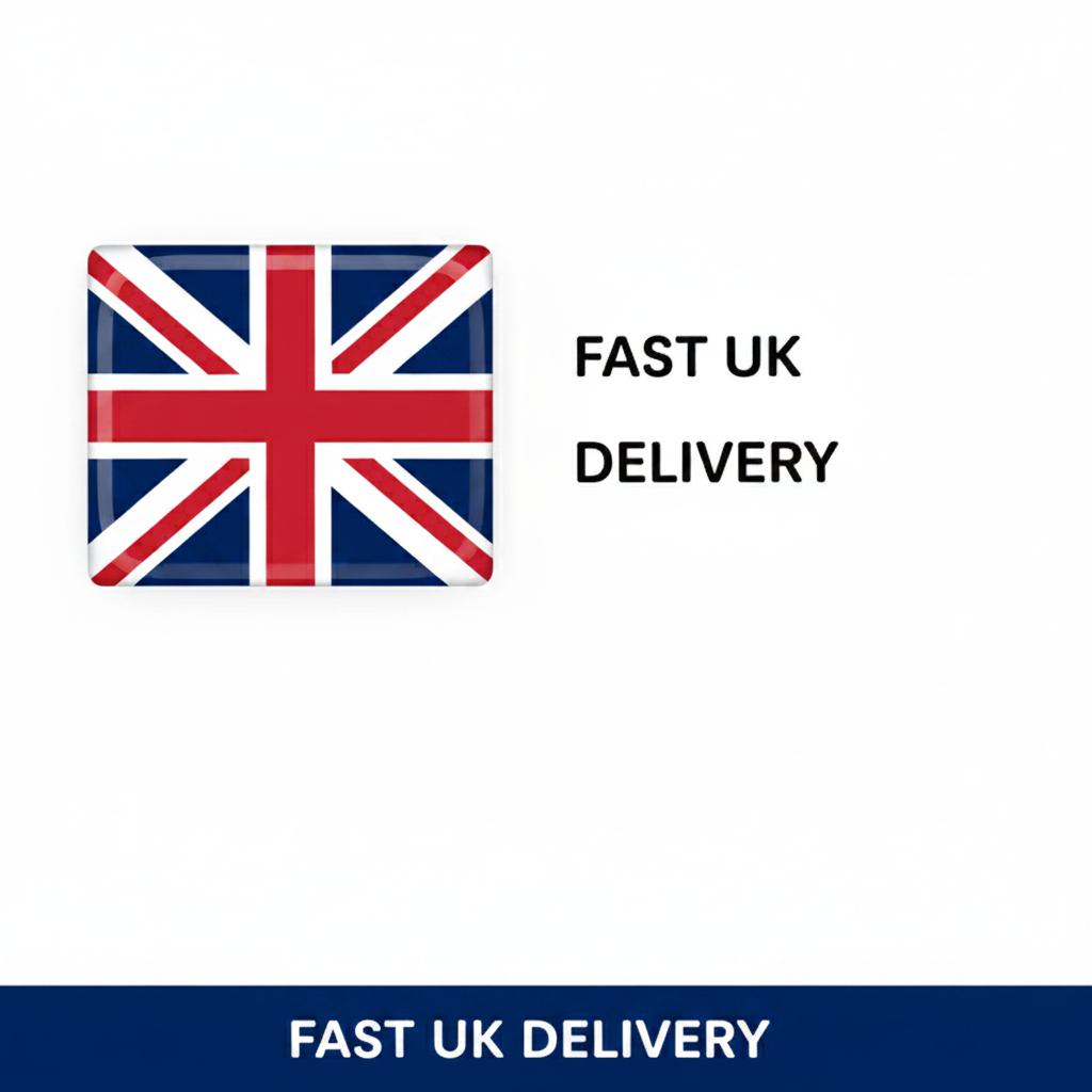 Union Jack flag with 'Fast UK Delivery' text on a white background