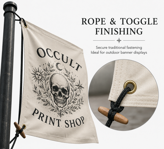 Flag with 'Occult Print Shop' design and rope & toggle finishing on a pole.