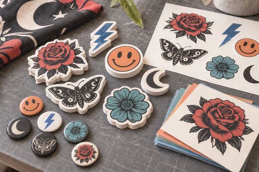 Stickers, greeting cards, badges and printed fabric with matching rose, moth and moon designs arranged on a cutting mat.