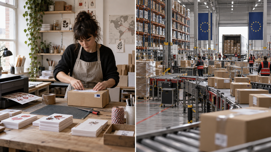A small independent print workshop packing one order beside a large European fulfilment warehouse