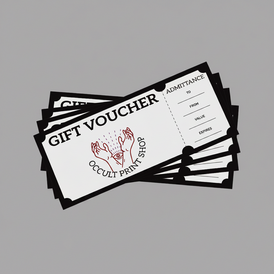 A stack of printed gift vouchers with black borders and a white center, featuring the text 'GIFT VOUCHER', 'ADMITTANCE', and 'Occult Print Shop' with a red illustration of hands holding a prism.