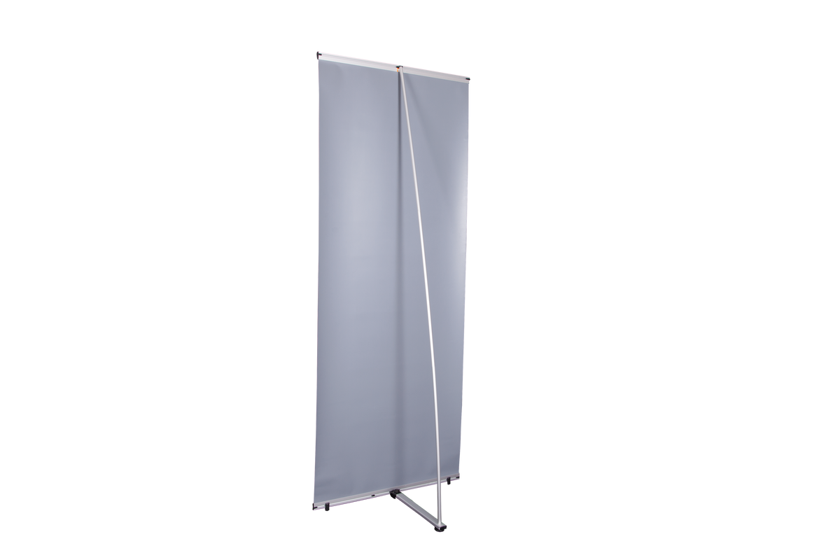 Rear view of custom L banner hardware and graphic