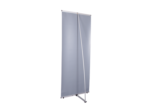 Rear view of custom L banner hardware and graphic