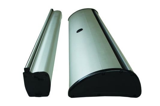 Replacement roller banner cassette and rail shown beside compatible base