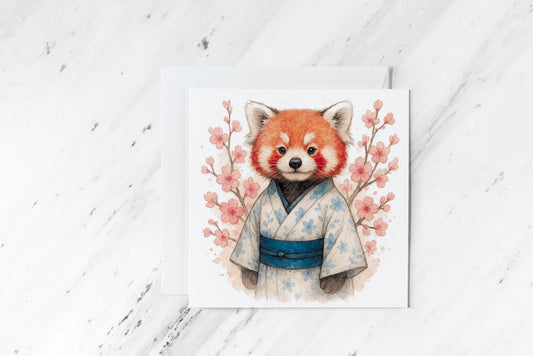 Red Panda Kimono Card – Cherry Blossom Watercolour Art – Cute Japanese-Inspired Animal Illustration – Handmade Woodland Greeting