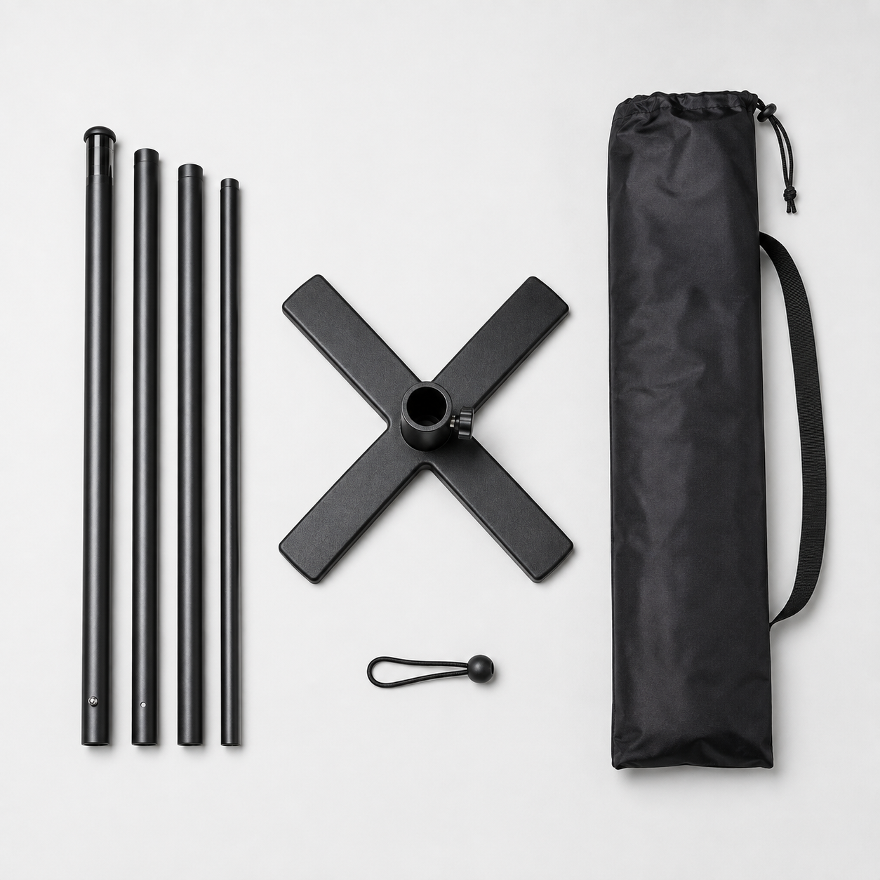 Full Fibre Flag Pair Starter Kit pole, base, carry bag and flag tie shown together as included kit components