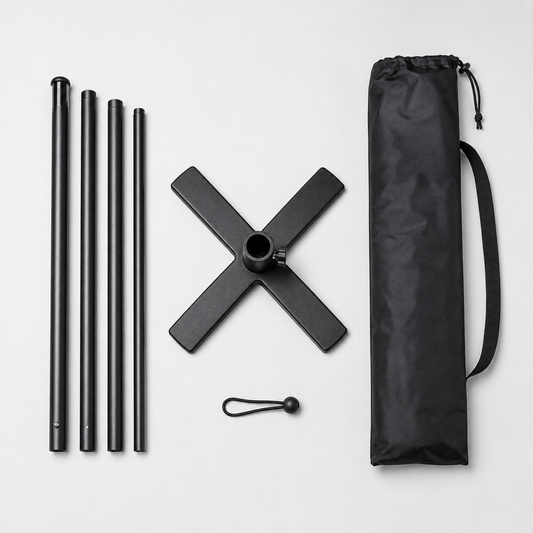 Full Fibre Flag Pair Starter Kit pole, base, carry bag and flag tie shown together as included kit components