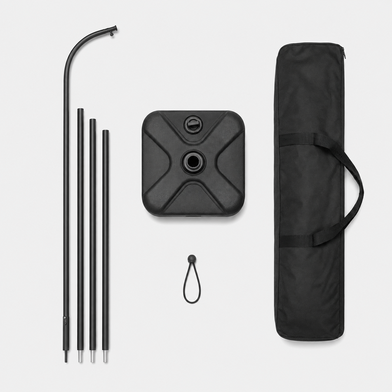 Full Fibre Water Base Kit pole, base, carry bag and flag tie shown together as included kit components