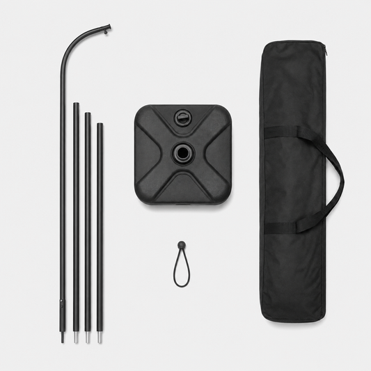 Full Fibre Water Base Kit pole, base, carry bag and flag tie shown together as included kit components