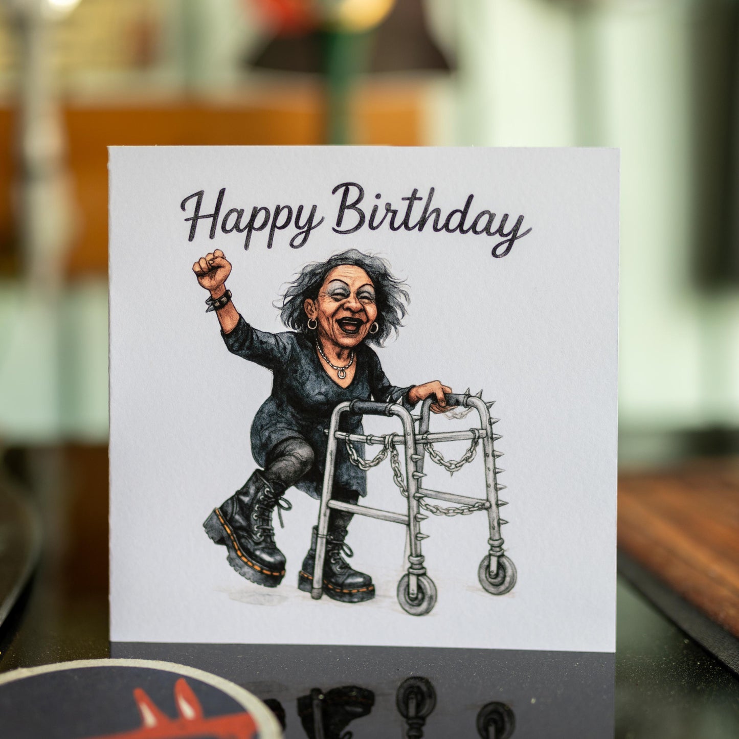 Goth Punk Birthday Card – Rocker Grandma with Spiked Walker – Funny Aging Alternative Greeting – Handmade Square Stationery