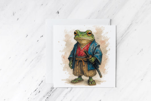 Samurai Frog Card – Warrior Toad Watercolour Illustration – Japanese Animal Art – Funny Martial Arts Greeting – Handmade Blank Card