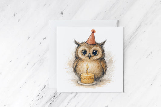 Birthday Owl Card – Wise Watercolour Bird with Cake – Handmade Woodland Greeting – Cute Animal Party Card for All Ages