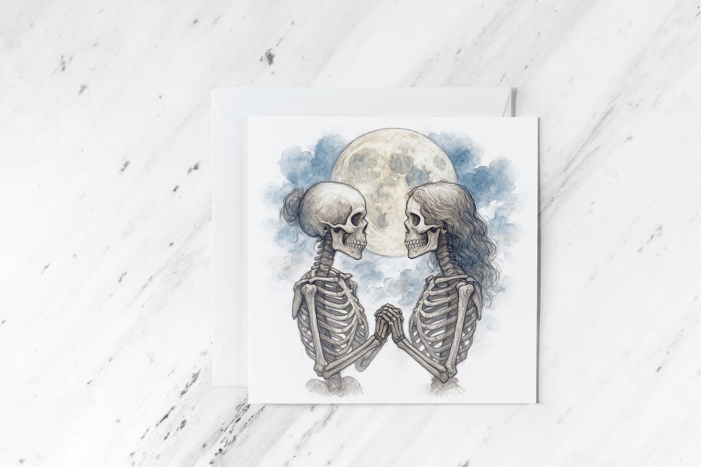 Lesbian Skeleton Lovers Card – Queer Gothic Watercolour Romance – LGBTQ+ Alternative Love Greeting – Handmade Spooky Couple Card