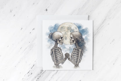 Lesbian Skeleton Lovers Card – Queer Gothic Watercolour Romance – LGBTQ+ Alternative Love Greeting – Handmade Spooky Couple Card
