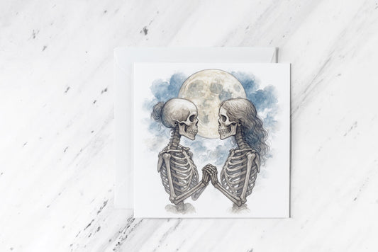Lesbian Skeleton Lovers Card – Queer Gothic Watercolour Romance – LGBTQ+ Alternative Love Greeting – Handmade Spooky Couple Card