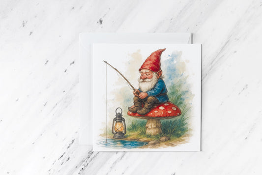 Fishing Gnome Greeting Card – Watercolour Pencil Illustration – Whimsical Woodland Cottagecore Gift – Fantasy Toadstool Nature Art