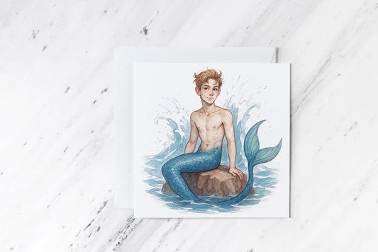 Merman Greeting Card – Watercolour Ocean Fantasy Art – Cute Gay Merman Illustration – LGBTQ+ Mythical Creature – Handmade Card