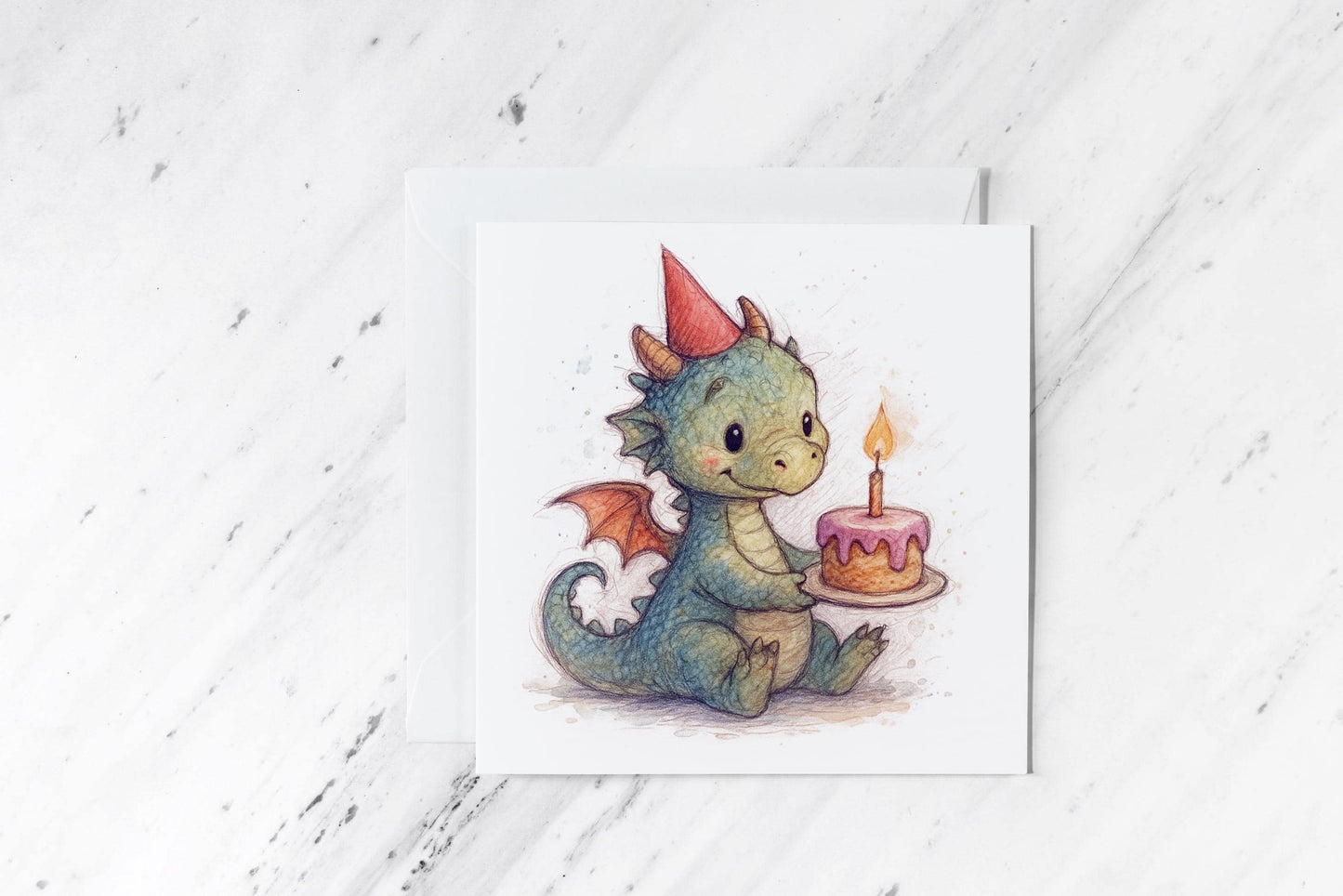 Cute Baby Dragon Birthday Card – Fantasy Watercolour Creature with Cake – Whimsical TTRPG Greeting – Handmade Mythical Card