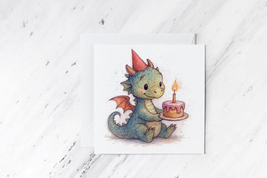 Cute Baby Dragon Birthday Card – Fantasy Watercolour Creature with Cake – Whimsical TTRPG Greeting – Handmade Mythical Card