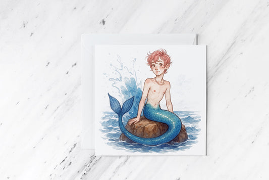 Pastel Merman Greeting Card – Soft Watercolour Ocean Fantasy – Femboy Merboy on Rock Illustration – Handmade Mythical Sea Creature