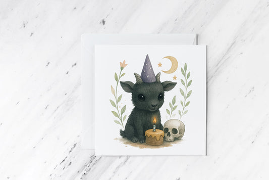 Cute Occult Goat Birthday Card – Black Goat Cake Skull – Gothic Watercolour Illustration – Pagan Witchy Greeting – Alternative Birthday Card