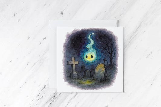 Will-o’-the-Wisp Card – Cute Ghost Flame Watercolour Art – Spooky Graveyard Illustration – Halloween Cryptid Stationery – Handmade Card