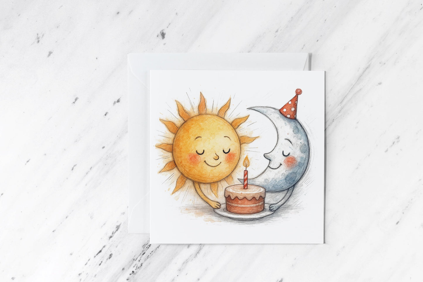 Sun and Moon Birthday Card – Celestial Watercolour Art – Whimsical Handmade Greeting – Cosmic Nature Birthday Card