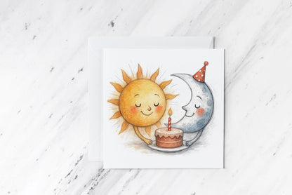 Sun and Moon Birthday Card – Celestial Watercolour Art – Whimsical Handmade Greeting – Cosmic Nature Birthday Card