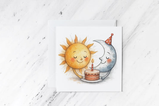 Sun and Moon Birthday Card – Celestial Watercolour Art – Whimsical Handmade Greeting – Cosmic Nature Birthday Card