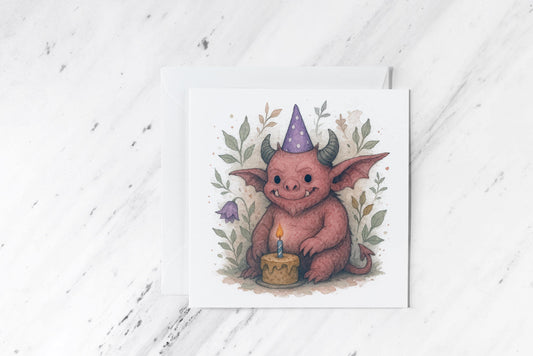 Cute Demon Birthday Card – Watercolour Monster with Cake – Occult Goth Greetings card – Funny Fantasy Birthday – Eco-Friendly Square Card