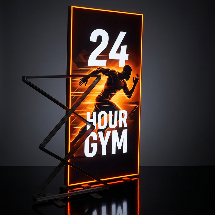 A vertical LED neon-style sign on a black metal stand, displaying the words “24 HOUR GYM” in large white letters with an orange glowing border and a dark silhouette runner in the center, set against a dark studio background.
