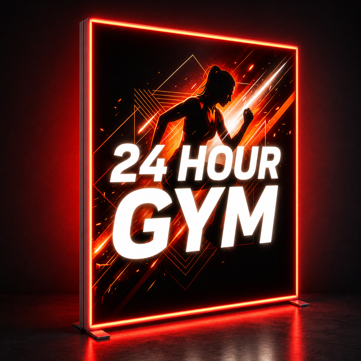 A vertical LED neon-style sign displaying '24 HOUR GYM' in bold white letters with a glowing red-orange border and a black silhouette of a runner on a dark studio background.