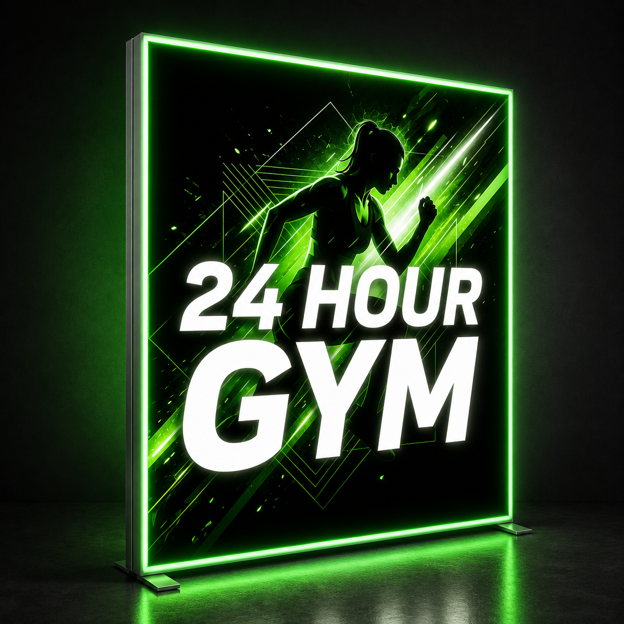 A vertical LED neon-style sign displaying '24 HOUR GYM' in bold white letters with a glowing green border and a black silhouette of a runner on a dark studio background.