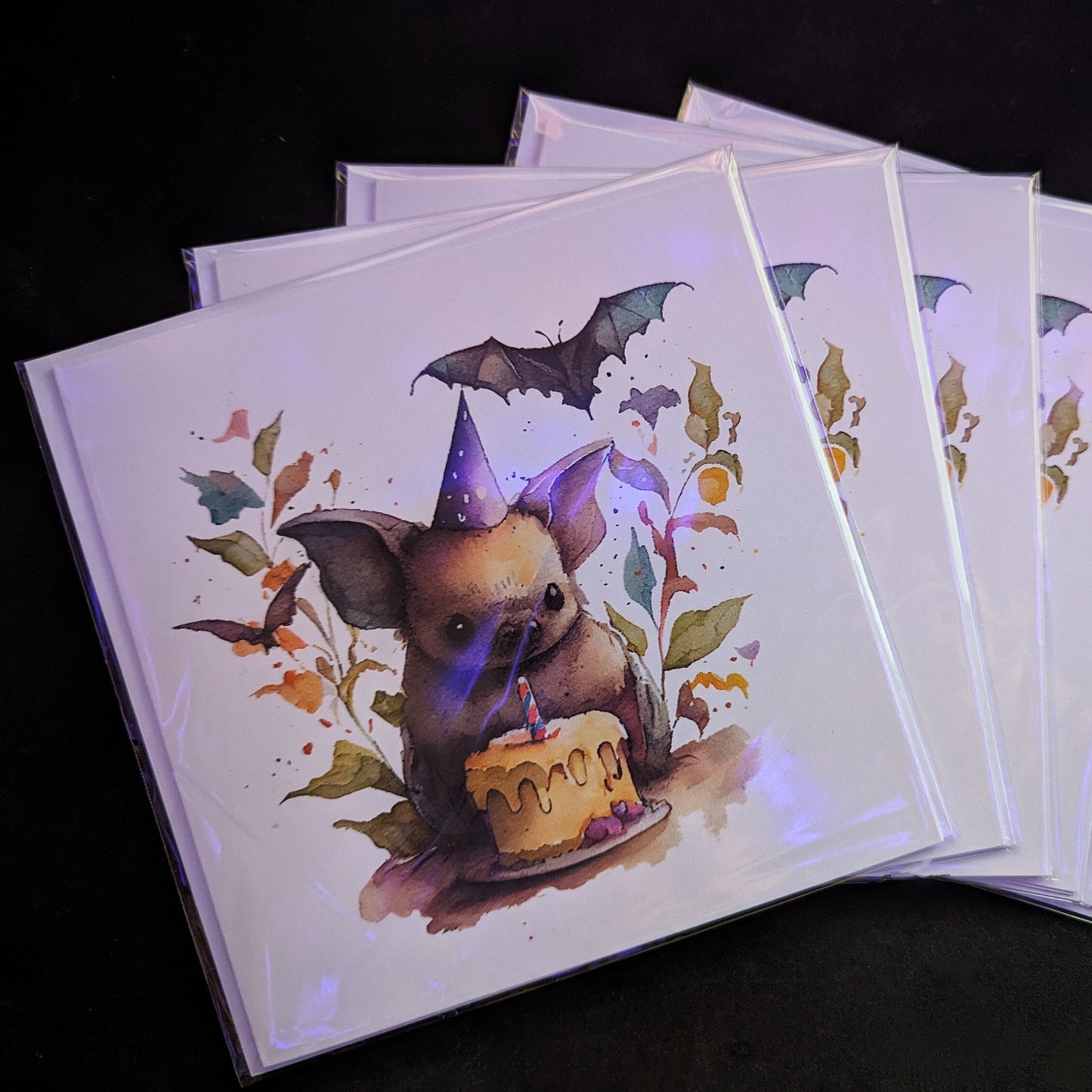 Unique Handmade Watercolour Birthday Card with Cute Bat Illustration - Linen 300gsm FSC Cardstock - Perfect for Animal Lovers