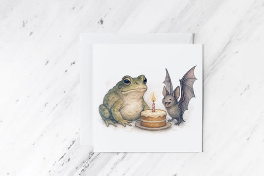 Birthday Familiars Card – Watercolour Frog and Bat Duo – Witchy Animal Birthday Greeting – Handmade Occult-Inspired Card