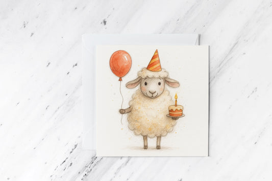 Birthday Sheep Card – Cute Watercolour Lamb with Cake and Balloon – Farm Animal Party Illustration – Handmade Celebration Greeting