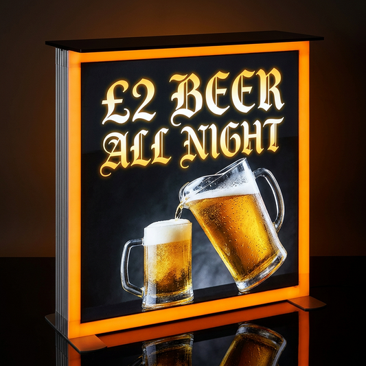A square illuminated bar sign with a black background, glowing orange border, and gold text reading £2 BEER ALL NIGHT, with two beer mugs pictured at the bottom.