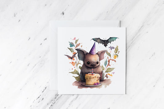 Unique Handmade Watercolour Birthday Card with Cute Bat Illustration - Linen 300gsm FSC Cardstock - Perfect for Animal Lovers