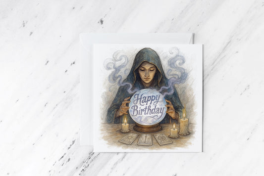 Mystic Seer Birthday Card – Crystal Ball Divination Art – Tarot Witch Greeting – Occult Spiritual Birthday Card – Handmade Fortune Card