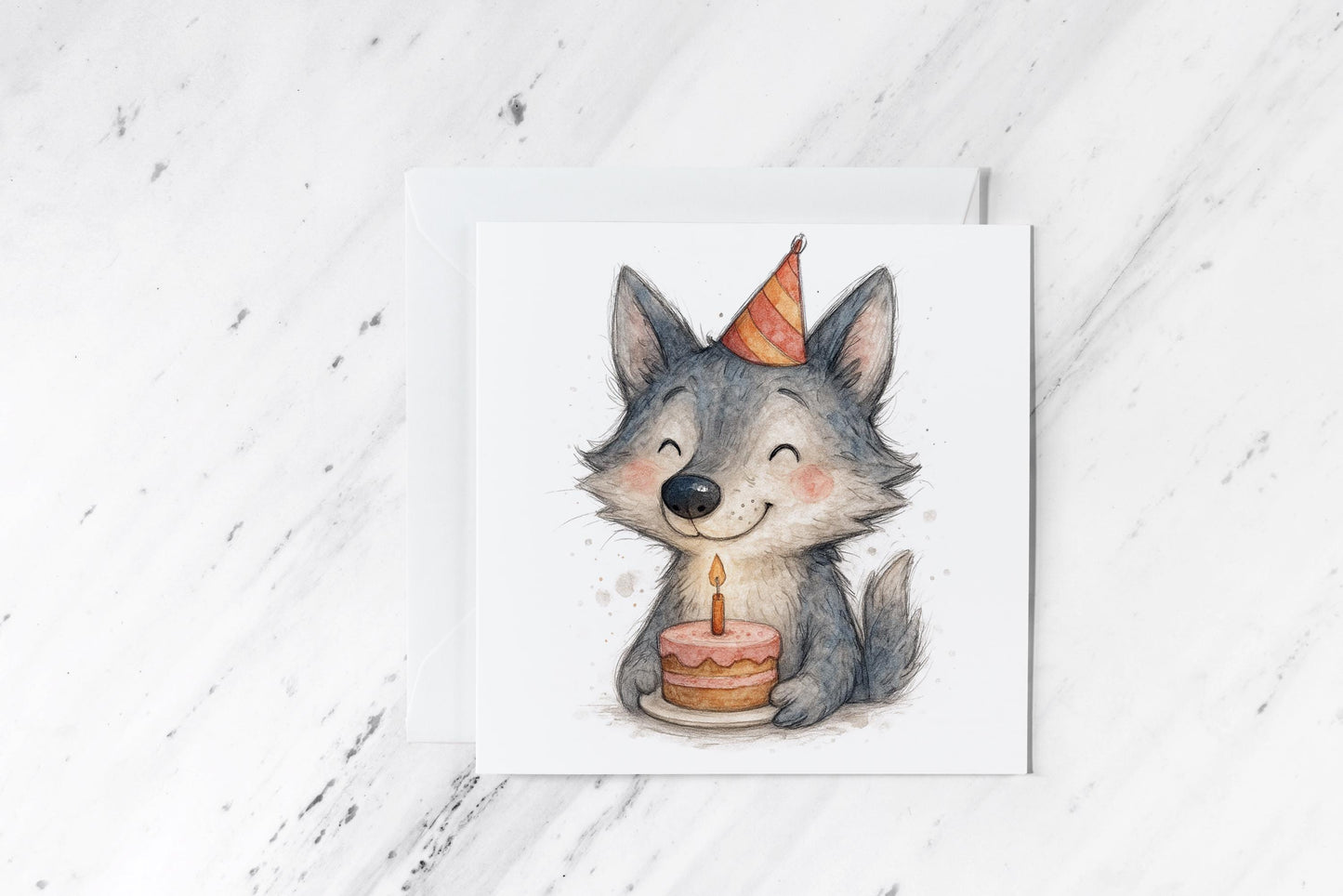 Birthday Wolf Card – Majestic Watercolour Animal with Cake – Handmade Wild Forest Greeting – Cool Nature Birthday Card