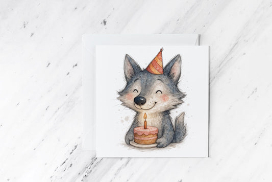 Birthday Wolf Card – Majestic Watercolour Animal with Cake – Handmade Wild Forest Greeting – Cool Nature Birthday Card