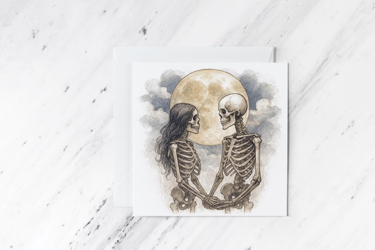 Straight Skeleton Lovers Card – Gothic Watercolour Romance – Alternative Love Greeting – Handmade Spooky Couple Card