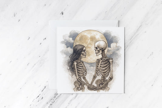 Straight Skeleton Lovers Card – Gothic Watercolour Romance – Alternative Love Greeting – Handmade Spooky Couple Card