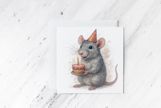 Birthday Rat Card – Cute Watercolour Rodent with Cake – Quirky Animal Birthday Greeting – Handmade Whimsical Card