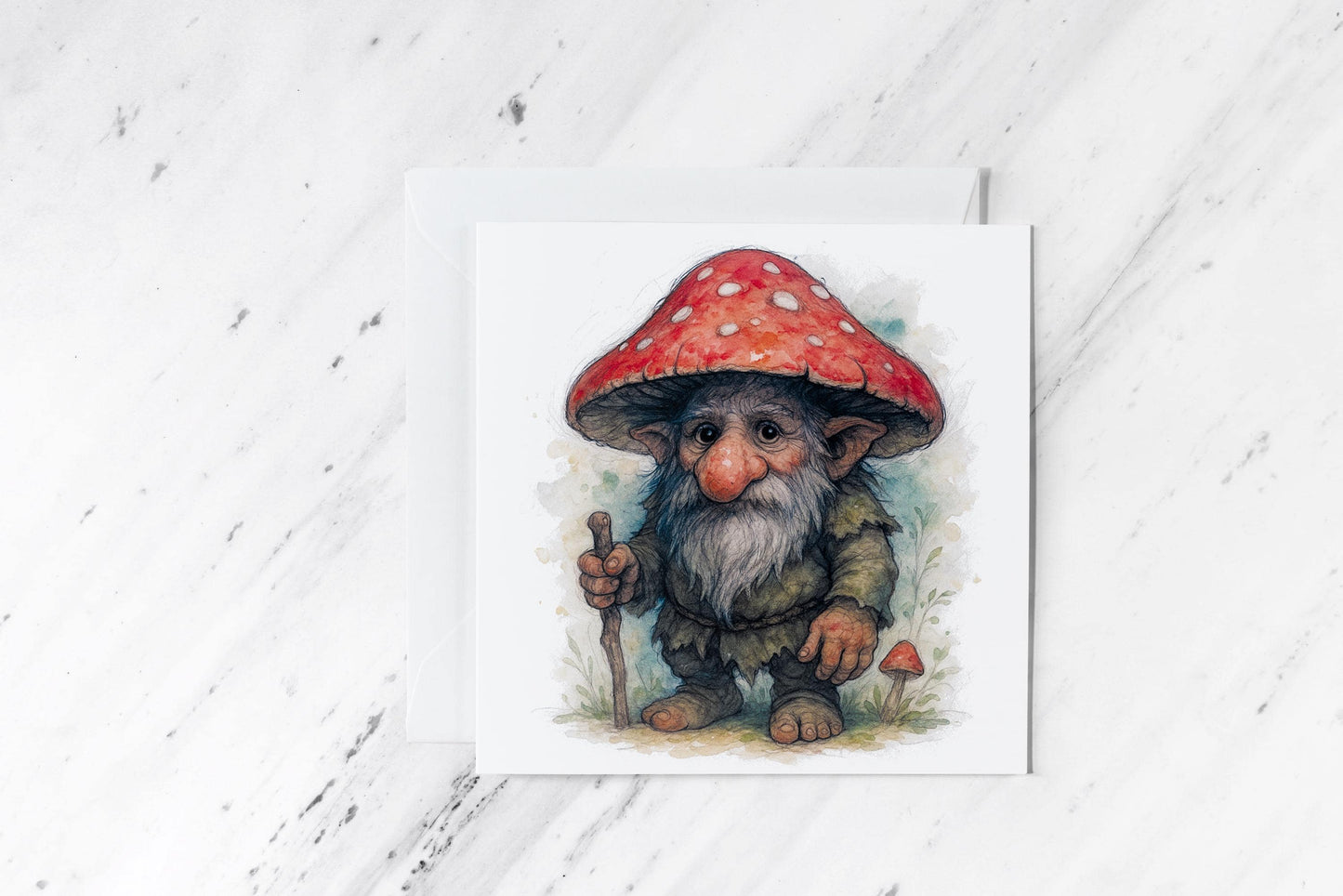 Forest Gnome Greeting Card – Toadstool Cap Watercolour Illustration – Whimsical Woodland Folk Art – Handmade Fantasy Stationery