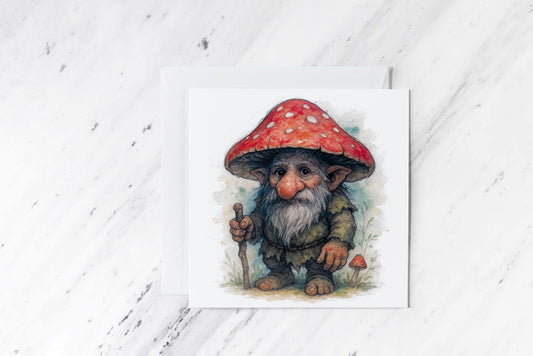 Forest Gnome Greeting Card – Toadstool Cap Watercolour Illustration – Whimsical Woodland Folk Art – Handmade Fantasy Stationery