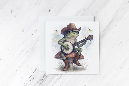 Banjo Playing Frog Card – Cowboy Toad Watercolour Illustration – Country Cottagecore Animal Art – Funny Western Greeting Card – Stationery